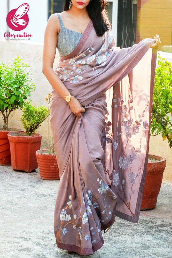 Mauve Hand-painted Viscose Crepe Floral Saree