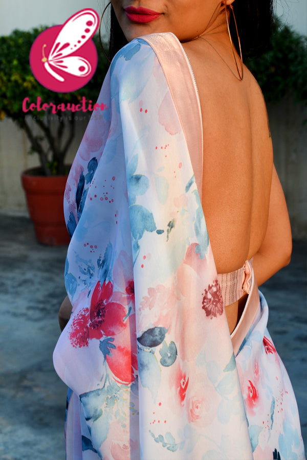 Multicolored Printed Satin Georgette Peach Satin Taping Saree