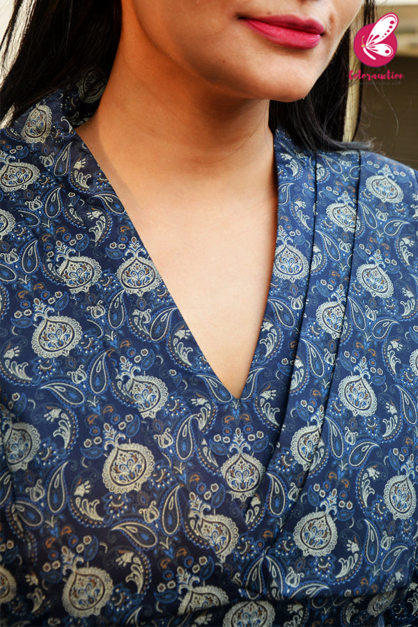 Navy Blue Printed Cotton Silk Straight Fit Kurti