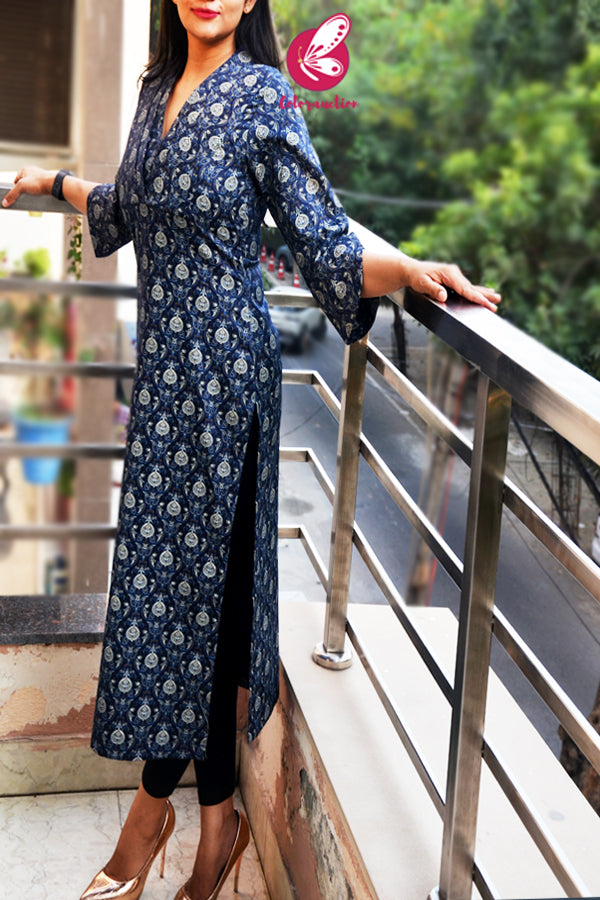 Navy Blue Printed Cotton Silk Straight Fit Kurti