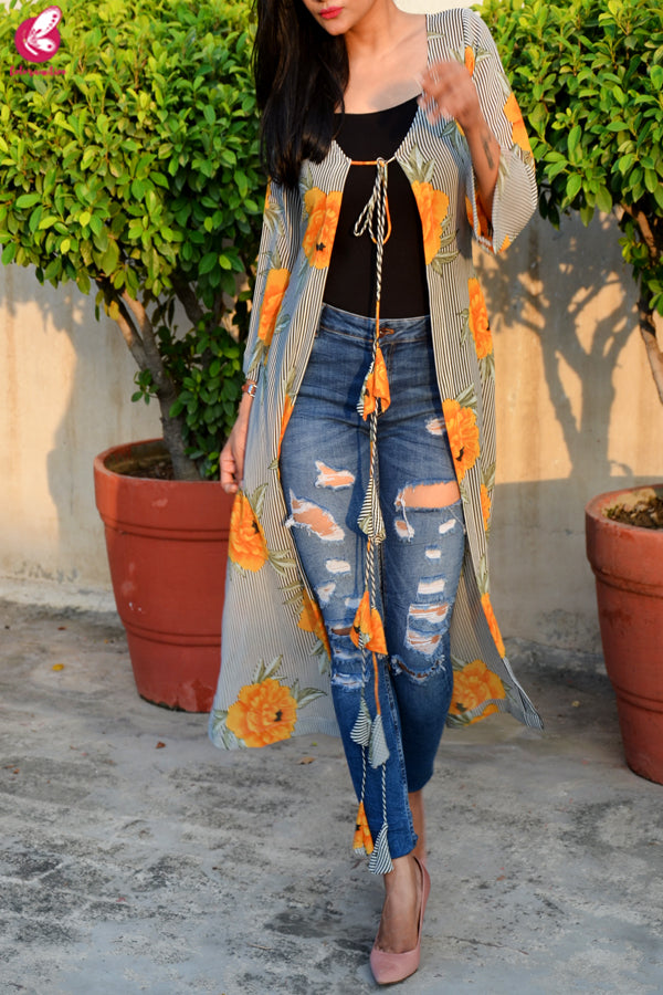Multicolored Printed Georgette Long Floral Shrug