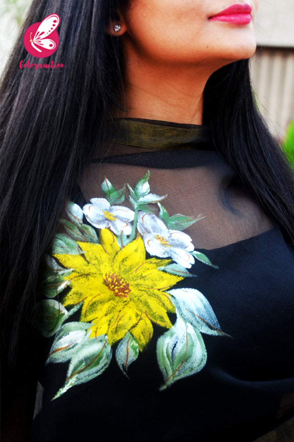 Black Pure Organza Sunflower Hand painted Stole