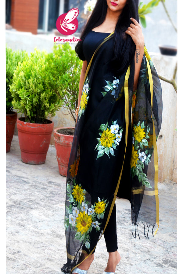 Black Pure Organza Sunflower Hand painted Stole