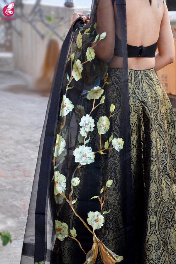 Black Organza Hand painted Floral Stole