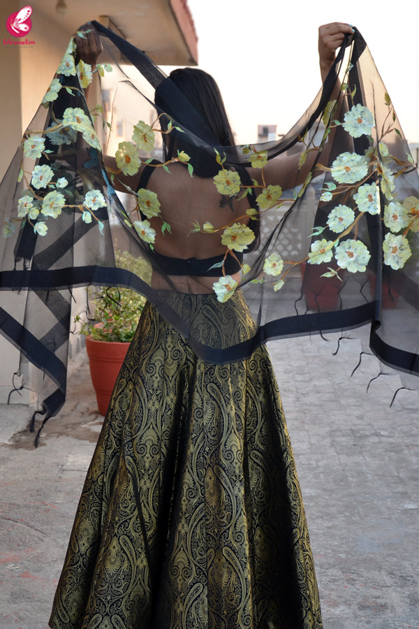 Black Organza Hand painted Floral Stole
