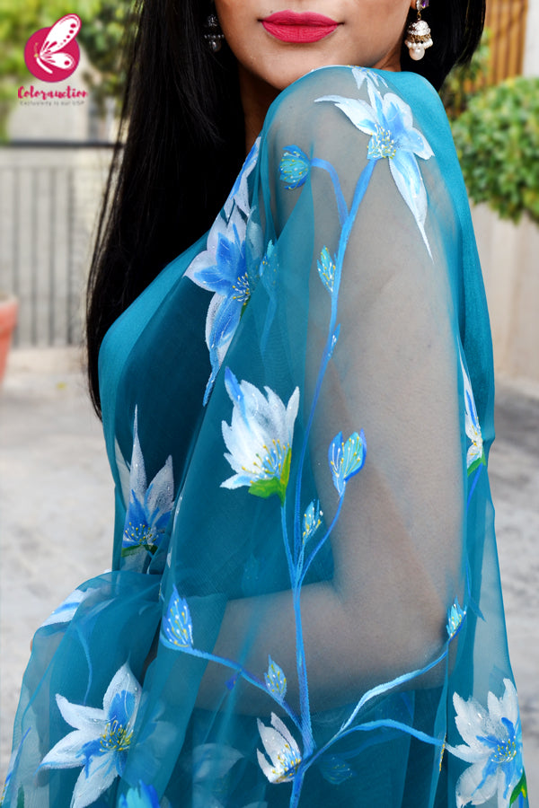 Teal Green Organza Hand painted White Floral Stole