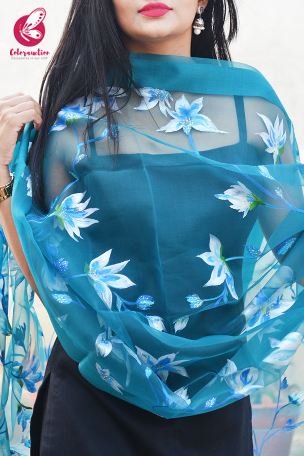 Teal Green Organza Hand painted White Floral Stole