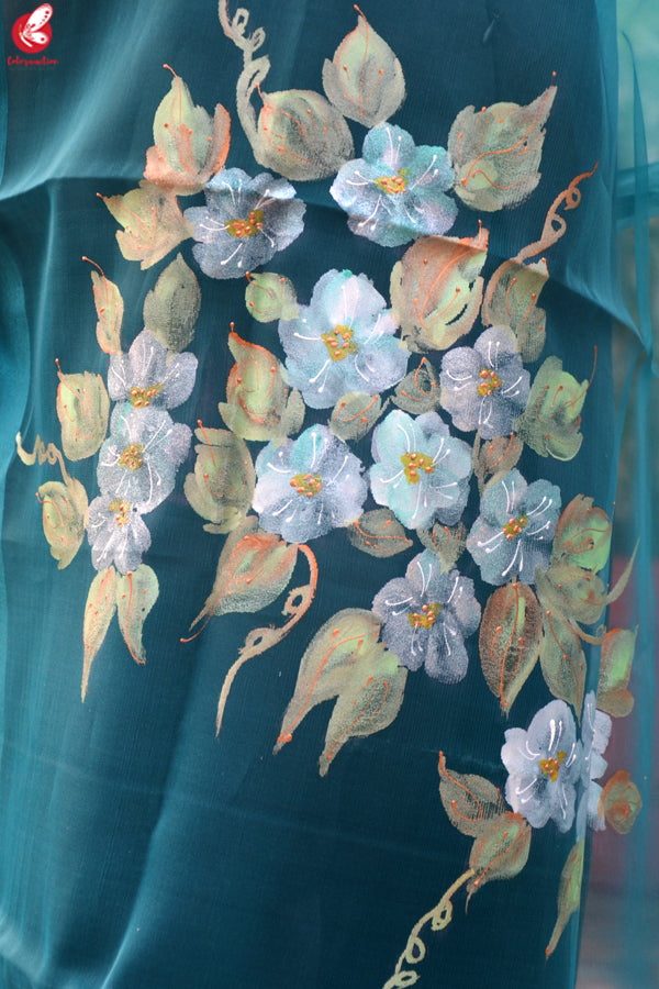 Teal Green Organza Floral Handpainted Stole