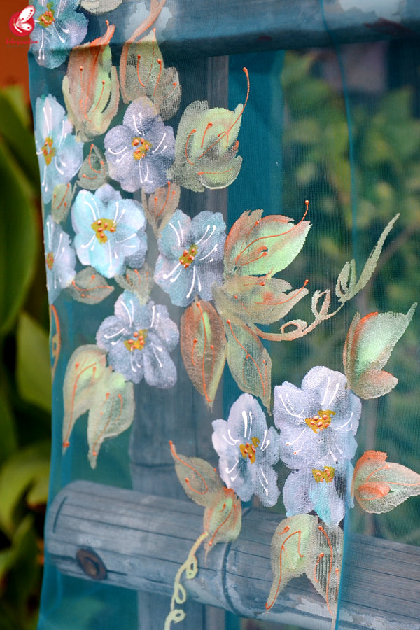 Teal Green Organza Floral Handpainted Stole