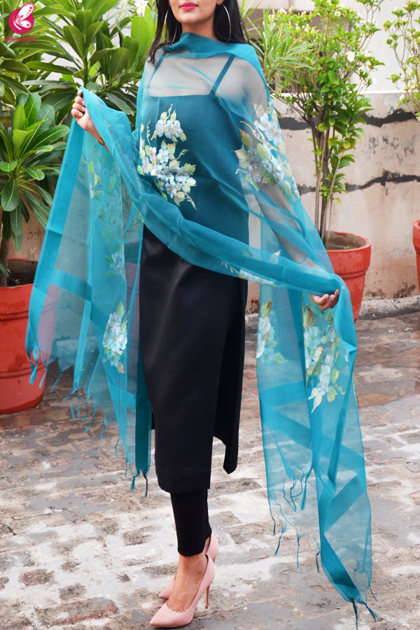 Teal Green Organza Floral Handpainted Stole