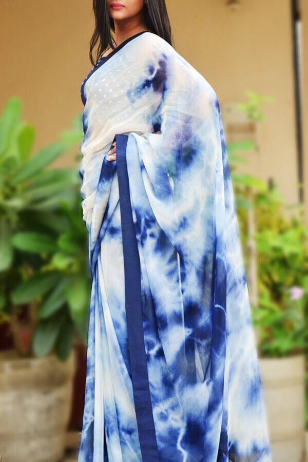 White Tie and Dye Georgette Saree