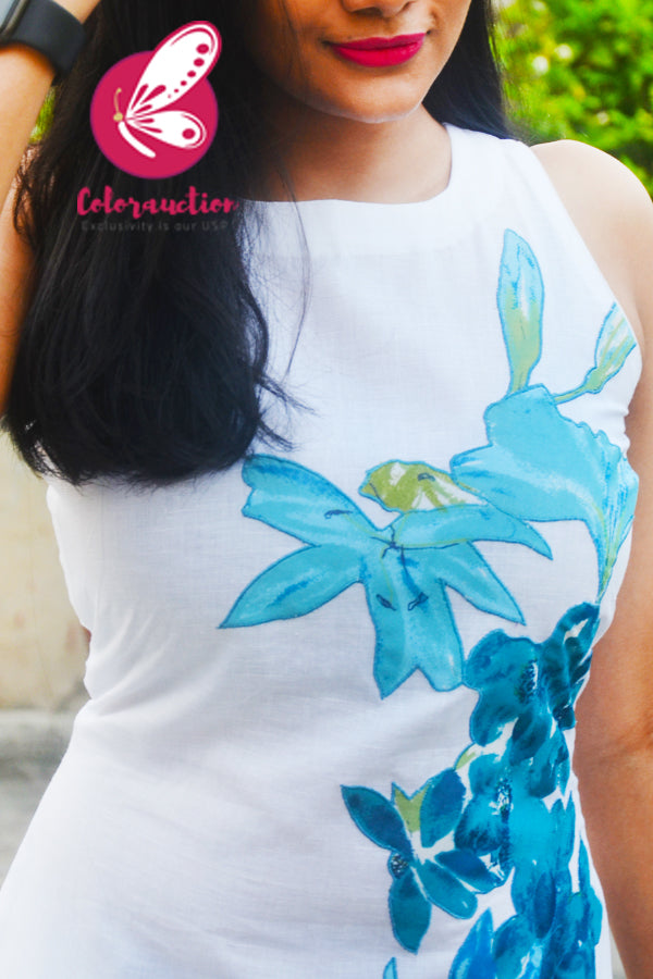 White Pure Linen Sleeveless Patch Work Kurti