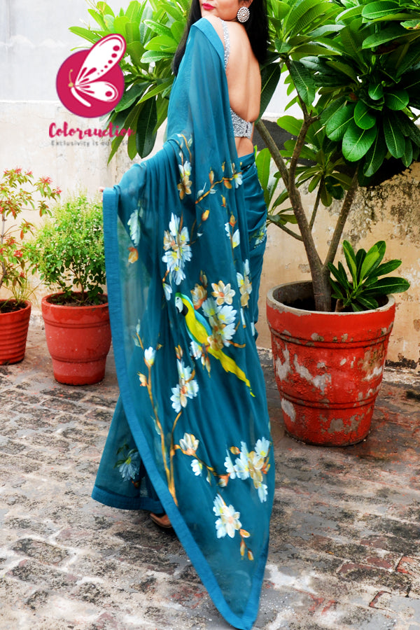 Teal Hand Painted Floral Pure Silk Chiffon Parrot Saree