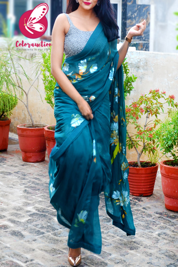 Teal Hand Painted Floral Pure Silk Chiffon Parrot Saree