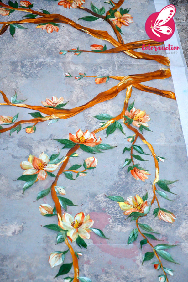 White Pure Organza Handpainted Floral Stole
