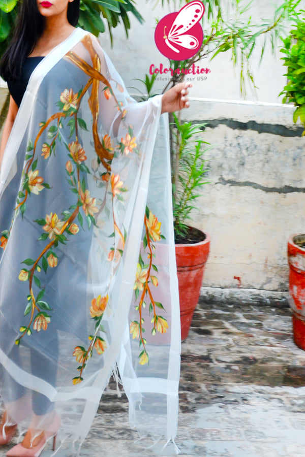 White Pure Organza Handpainted Floral Stole