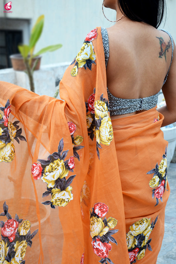 Teak Organdy Applique Floral Saree
