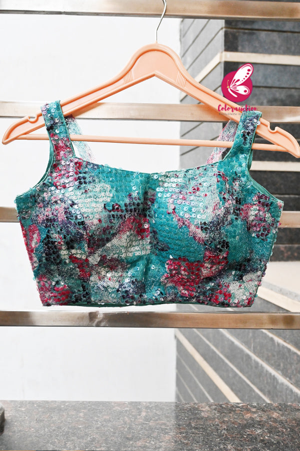 Multicoloured Sequins Net Padded Backless Blouse