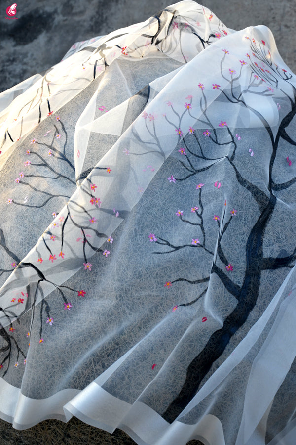 White Organza Hand painted Tree Stole