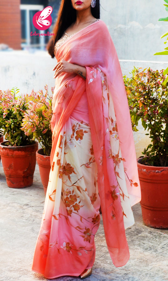 Peach &amp; Off White Double Shaded Chinon Saree