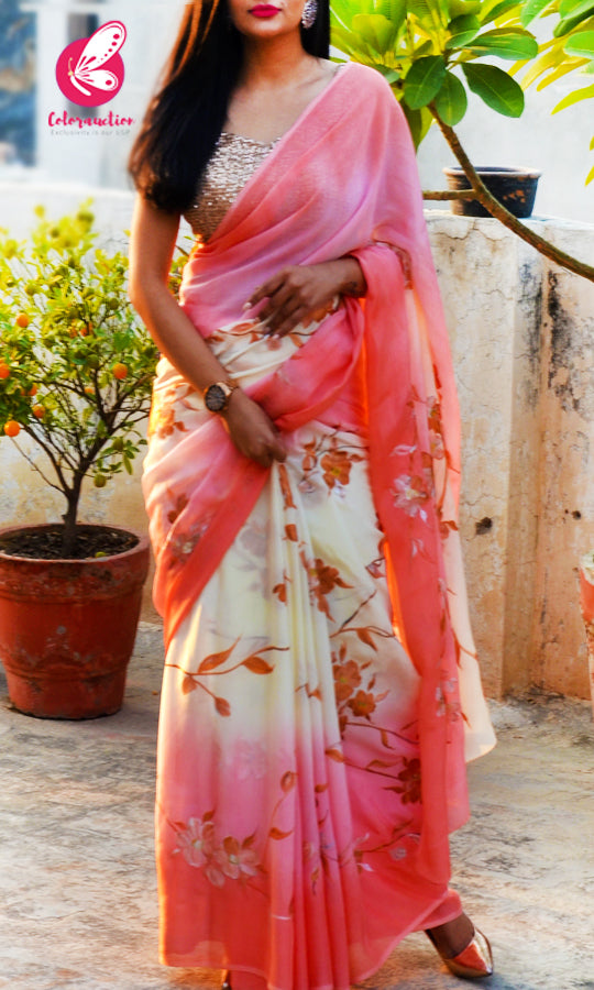 Peach &amp; Off White Double Shaded Chinon Saree