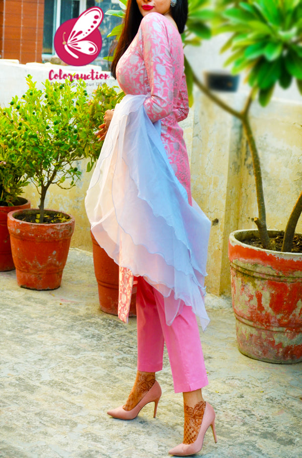 Rose Pink &amp; Georgette Brocade Silk Padded Kurti with Rose Pink Cotton Silk Pants and Silver Pure Organza Three-Tier Ruffle Stole
