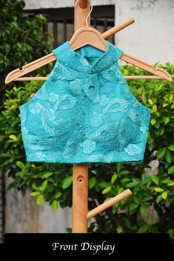 Turquoise Embroidered Net Padded Backless Blouse