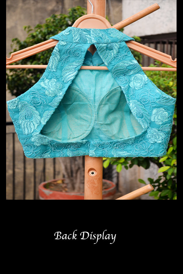 Turquoise Embroidered Net Padded Backless Blouse