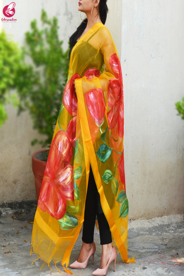 Turmeric Yellow Hibiscus Organza Handpainted Stole