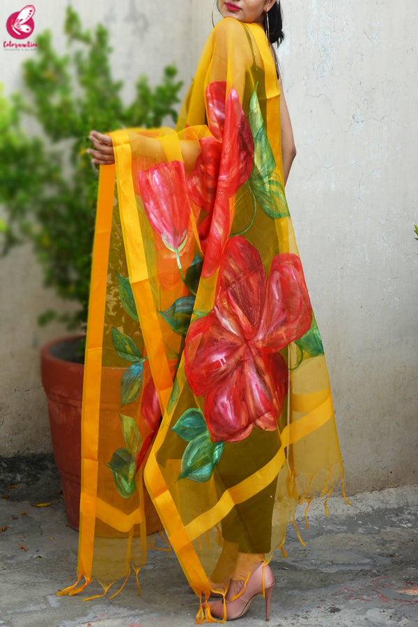 Turmeric Yellow Hibiscus Organza Handpainted Stole