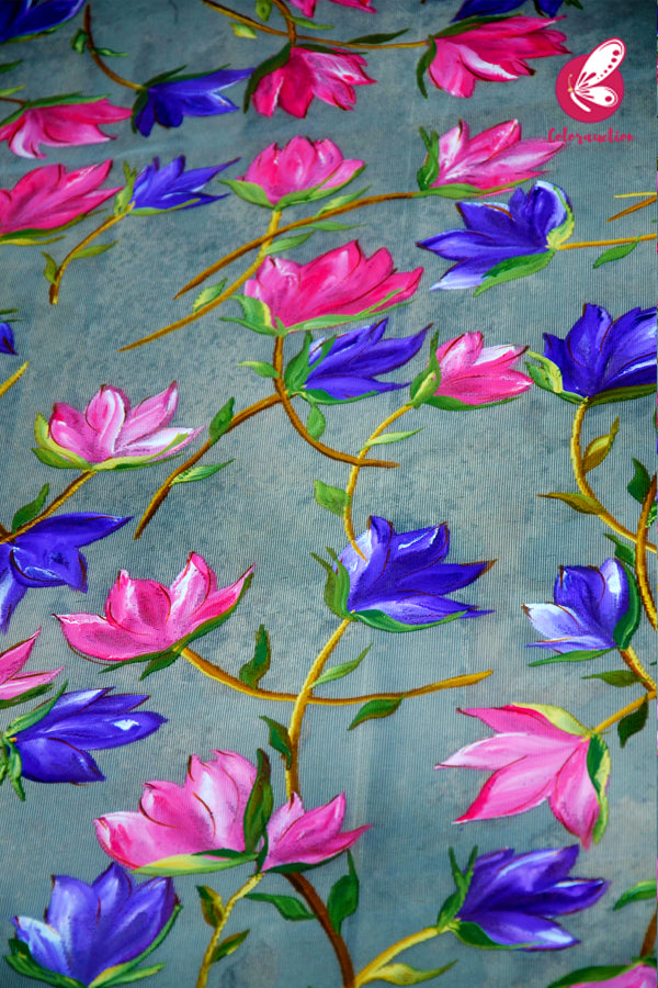 Grey Organza Hand painted Pink Purple Floral Stole
