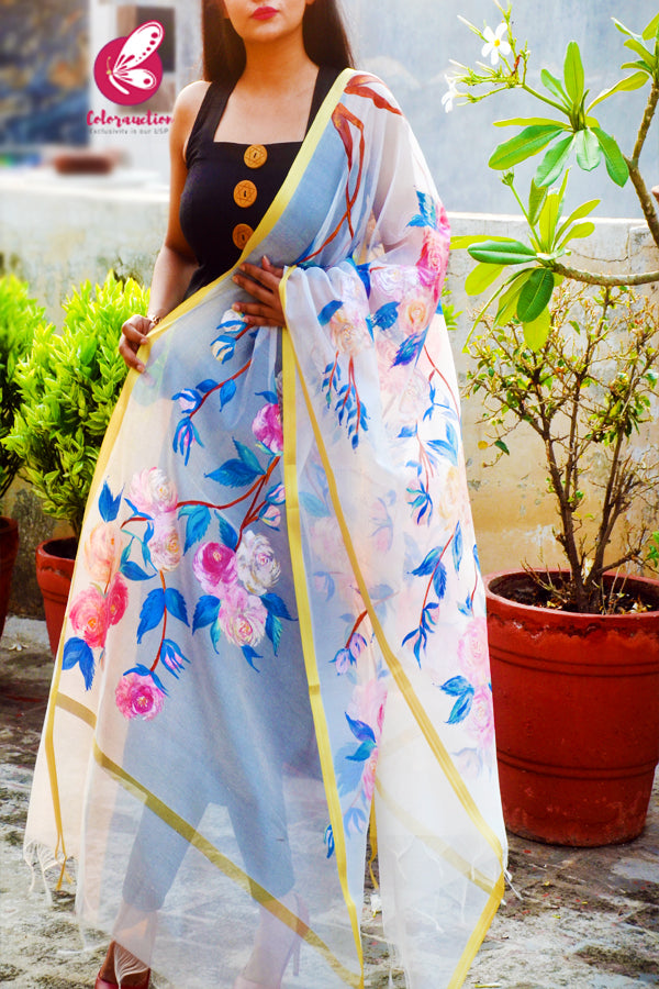 Off White Chanderi Hand painted Floral Stole
