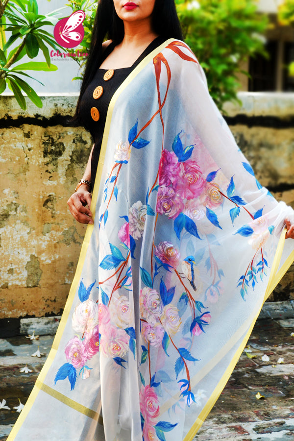 Off White Chanderi Hand painted Floral Stole
