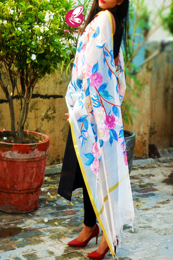 Off White Chanderi Hand painted Floral Stole