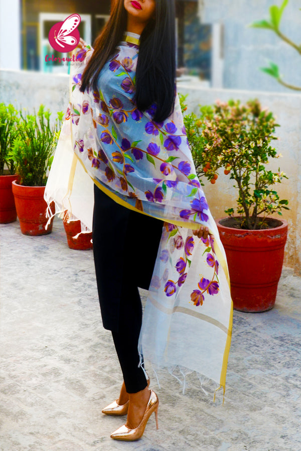 White Pure Organza Floral Purple Orange Hand painted Stole