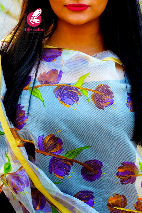 White Pure Organza Floral Purple Orange Hand painted Stole