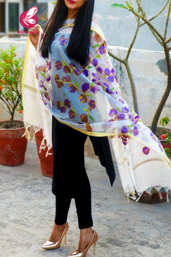 White Pure Organza Floral Purple Orange Hand painted Stole
