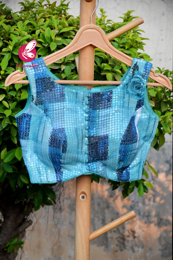 Sky Blue &amp; Blue Floral Sequins Padded Blouse