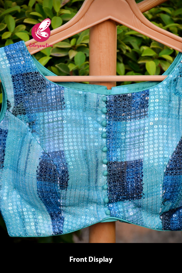 Sky Blue &amp; Blue Floral Sequins Padded Blouse