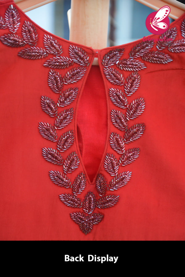 Red Crepe Beads Handwork Padded Keyhole Back Blouse