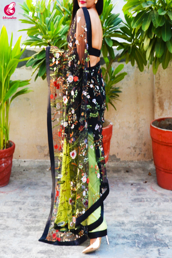 Lime Green &amp; Black Double Shaded Georgette Net  Black Satin Taping Saree