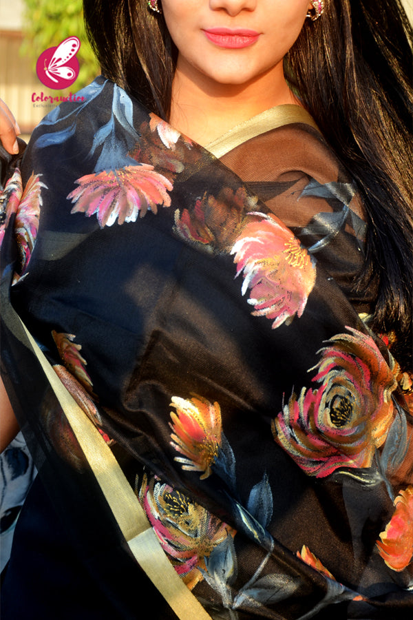 Black Pure Organza Floral Multicoloured Hand painted Stole