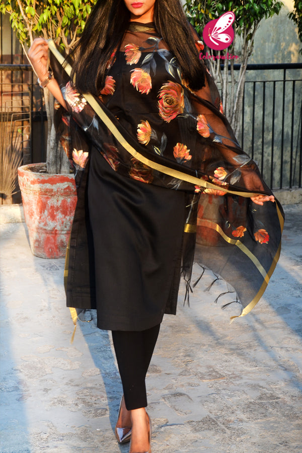 Black Pure Organza Floral Multicoloured Hand painted Stole