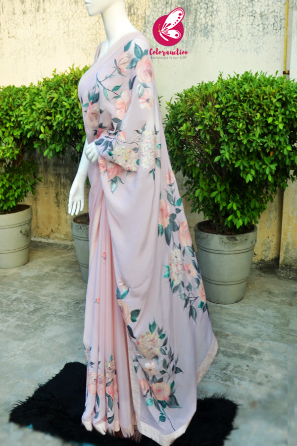 Peach Organza Georgette Handpainted  Floral Dupion Taping Saree