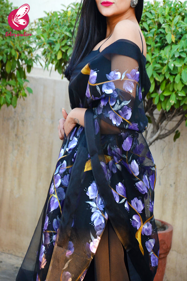 Black Organza Hand-painted Violet Stole