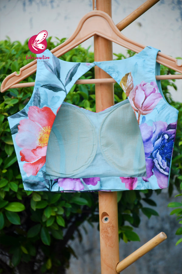 Blue Multicoloured Satin Georgette Padded Backless Blouse
