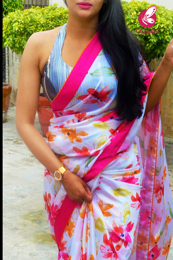 White Multicoloured Printed Floral Satin Georgette Dupion Taping Saree