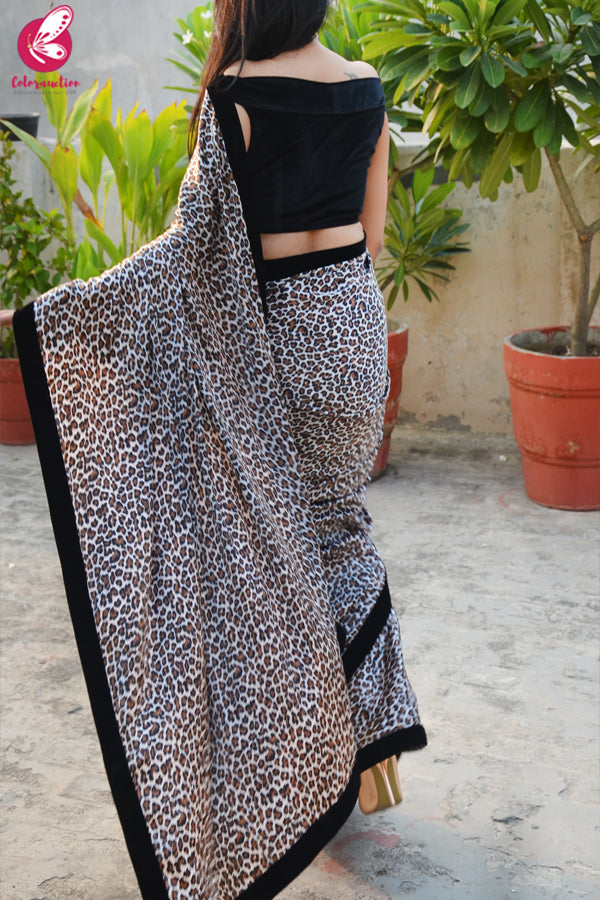 White Leopard Print Satin Velvet Taping Saree