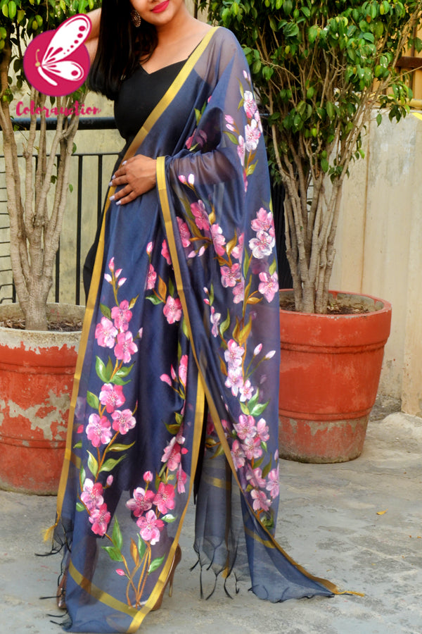 Bluish Grey Organza Hand-painted Pink Floral Stole