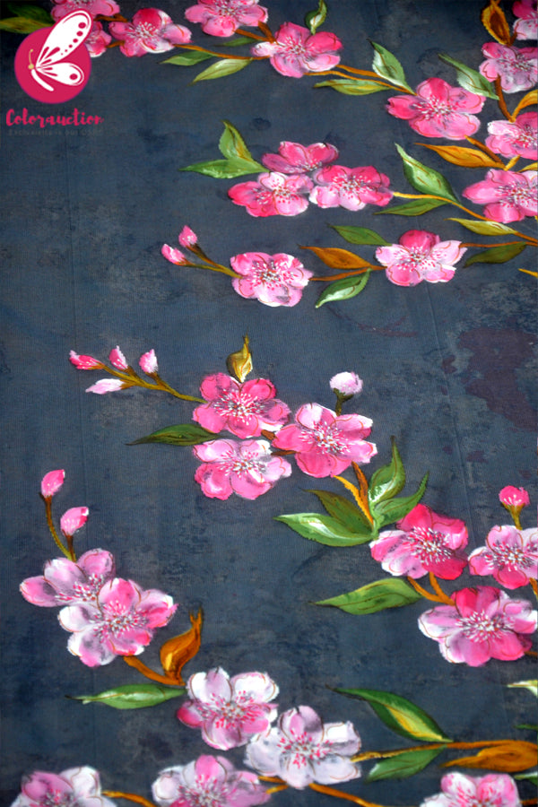 Bluish Grey Organza Hand-painted Pink Floral Stole